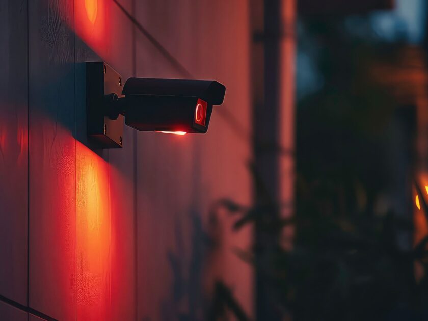 A security camera mounted on a wall, illuminated by red lights at night.